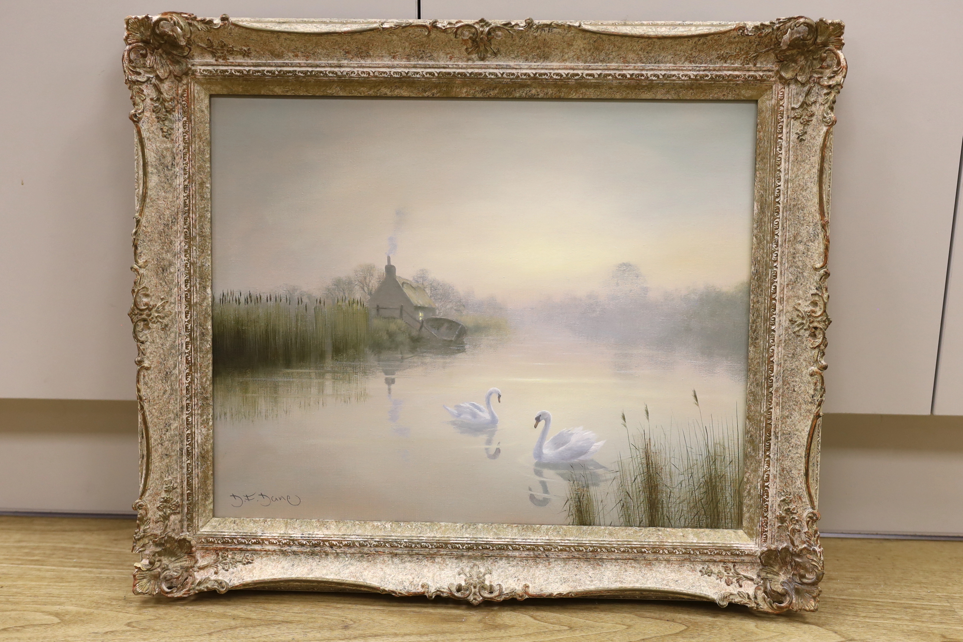 David Dane (Contemporary), oil on canvas, River landscape with swans, signed, 39 x 49cm